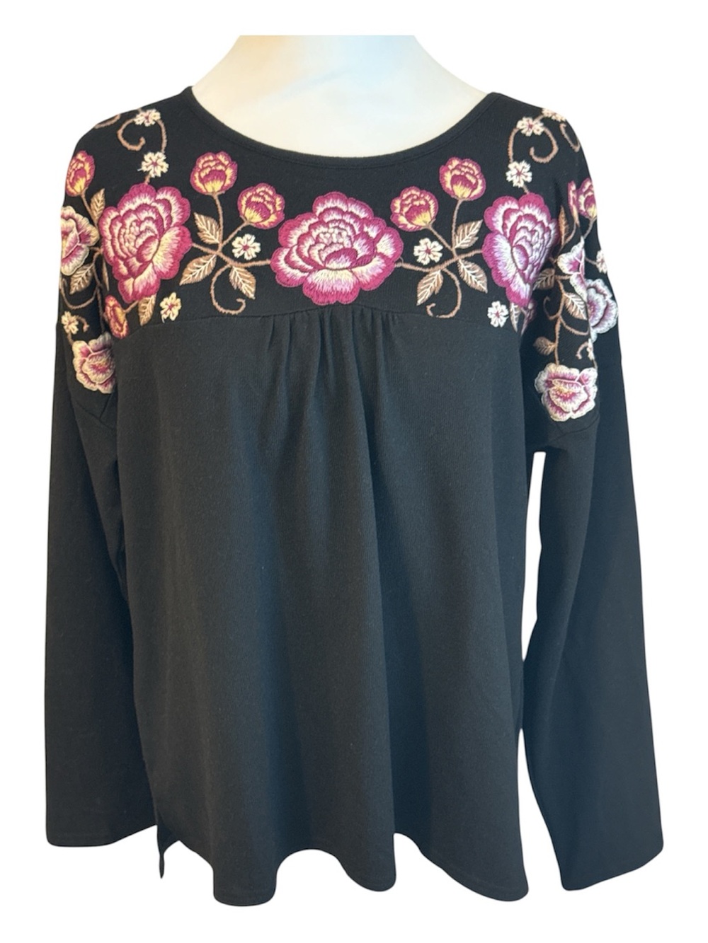 Savanna Jane Black Long-Sleeve Drop Shoulder Top with Floral Embroidery